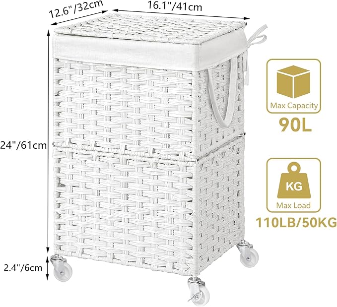 Chrislley 90L Slim Laundry Hamper with Wheels, Rolling Laundry Basket with Lid and Renovable Liner Bag, Handwoven Rattan Organizer for bedroom, bathroom, laundry room (White)