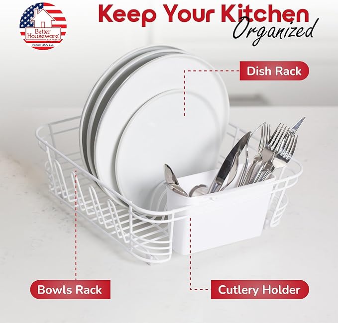 Better Houseware Dish Drying Rack, Space-Saving Dish Drainer Rack for Kitchen Counter, Coated Steel Kitchen Dish Strainer 2-Piece Set with Utensil Holder, White