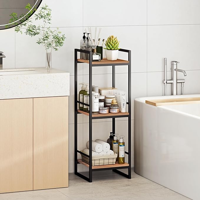 BYFU 3 Tier Bathroom Storage Open Shelf, Freestanding Metal Corner Storage Rack Shelving Unit for Bathroom Kitchen Living Room Hallway, Rustic Brown