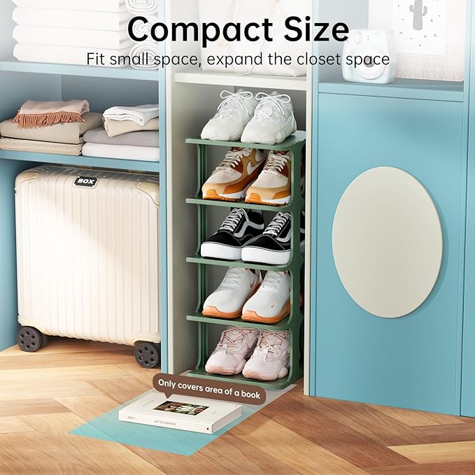 HAIXIN Vertical Shoe Rack Organizer for Entryway, 5 Tier Narrow Small Shoe Rack for Closet, Plastic Compact Shoe Storage for Door - Green