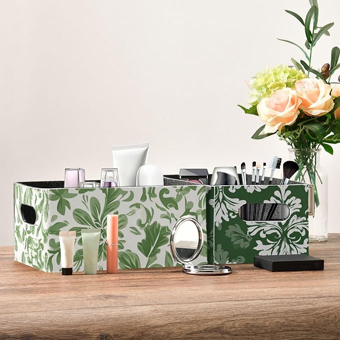 Closet Storage Bins 2 Pcs Felt Open Home Storage Containers Organizer with Handles Collapsible Shelf Basket for Home Office Craft Room Classroom Fabric Green Vintage Flower Bohemian