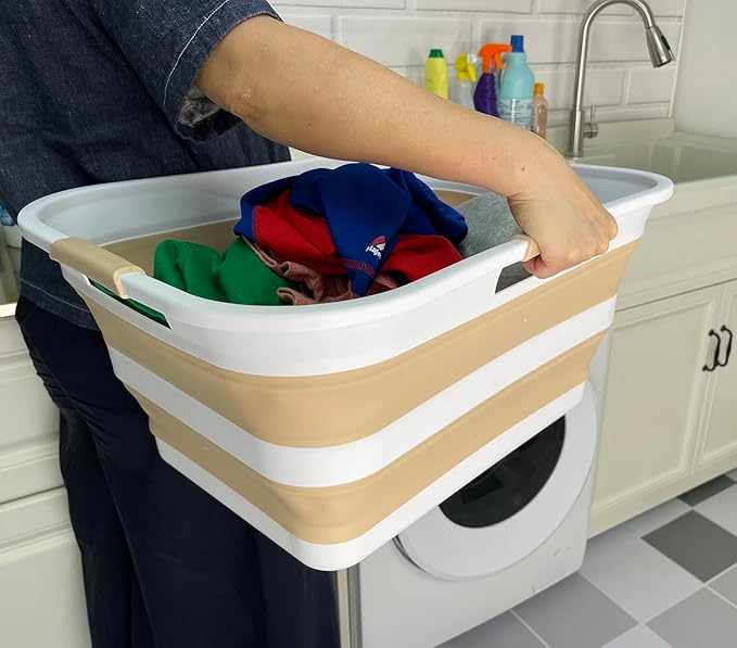 SAMMART 42 (11 Gallons) Collapsible Plastic Laundry Basket, Foldable Pop Up Storage Container/Organizer, Space Saving Hamper, Portable Bin for Dorm Room Bathroom (1, White/Beige)