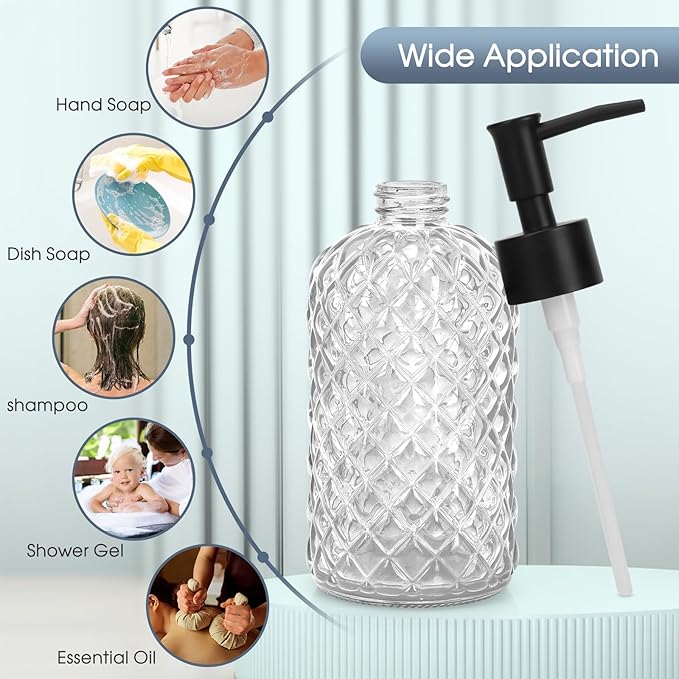2 Pack Gem Glass Soap Dispenser with Black Plastic Pump, 13oz Liquid Hand Soap Dispenser, Rustproof Pump for Kitchen & Bathroom, Great for Lotions, Essential Oil, Liquid Soaps-Clear
