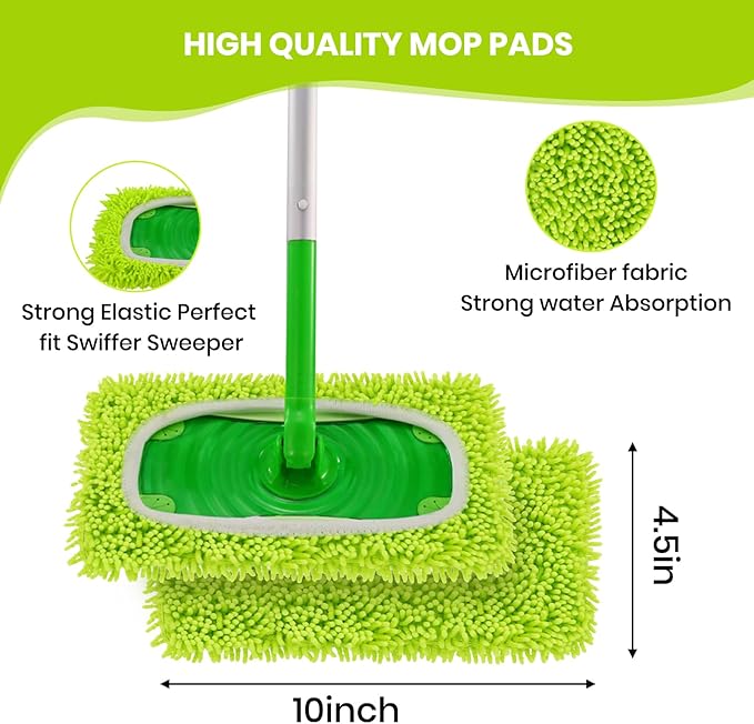 8 Pack Chenille Mop Pads, Reusable Microfiber Mop Refills for 10''–12'' Flat Mops, Washable Wet & Dry Floor Pads for Hardwood, Tile, Compatible with Swiffer Sweeper
