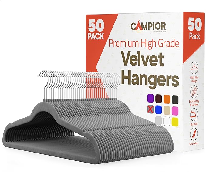 Gray Velvet Hangers 50 Pack – 360° Swivel Hook, Non-Slip and Space Saving Hangers, Heavy-Duty 11 lbs Weight Capacity - Smooth Velvet Finish for Crease-Free Clothes and Effortless Closet Organization
