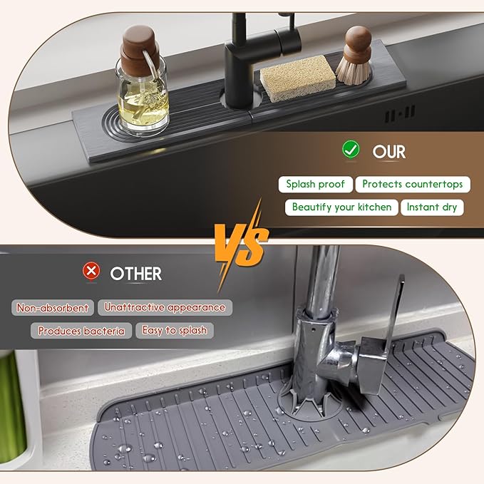 Faucet Mat for Kitchen Sink, Diatomite Quick Drying Tray , 20 Inch Kitchen Sink Splash Guard and Bathroom Stone Tray for Counter. Super Absorben. Deep Grey.