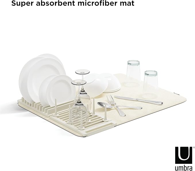 Umbra Udry Dish Rack with Movable Pegs and Microfiber Drying Mat – Space-Saving Design Folds Up for Easy Storage, Basic Rack, Linen