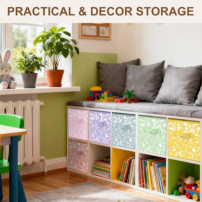 LemonRoad 6 Fabric Storage Cubes 11 Inch Foldable Marble Storage Bins for Organizing Pantry, Toy Box, Clothes Closet Collapsible Baskets for Shelves with Handle(Macaron Color,Classic Style)