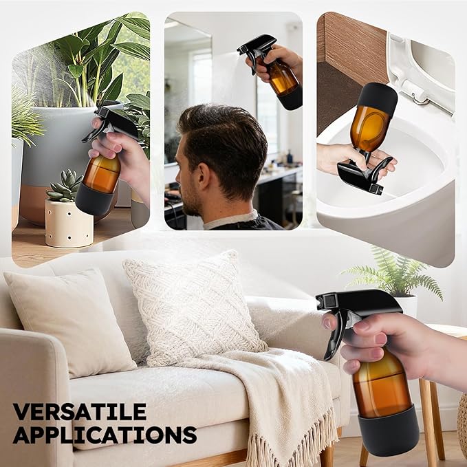 Tecohouse 2 Pack 360° Amber Glass Spray Bottles with Silicone Sleeve, 4 oz Empty Refillable Containers with Adjustable Spray Nozzles, Spray Bottles for Cleaning Solutions, Hair, Plants (Black & Brown)