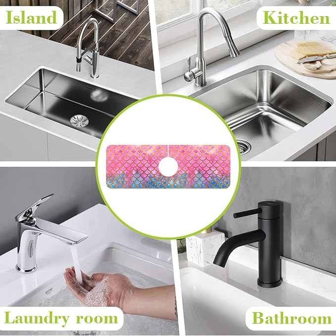 Sink Splash Guard Faucet Mat Watercolor Fish Scales Absorbent Fast Drying Mat Sink Gadgets Splash Guard Behind Faucet Drip Catcher for Kitchen Bathroom 15.5"X5.5"