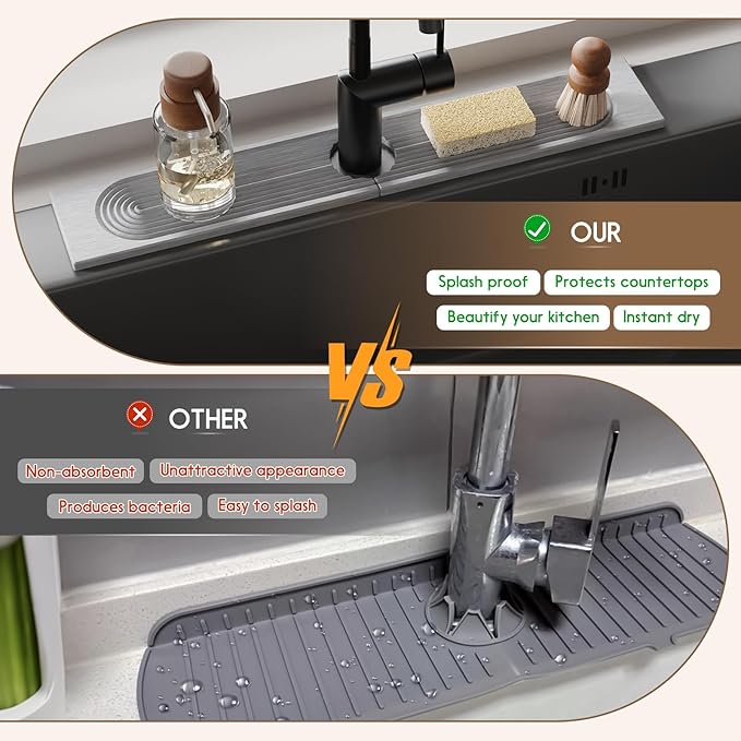 Faucet Mat for Kitchen Sink, Diatomite Quick Drying Tray , Long 23.6'' Kitchen Sink Splash Guard and Bathroom Stone Tray for Counter. Super Absorben.Light Grey.