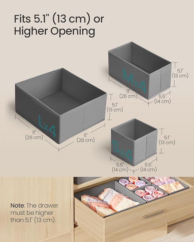 SONGMICS Drawer Organizers, Dresser Divider Organizers, Set of 12, Foldable Fabric Storage Boxes for Socks, Underwear, Bras, Ties, Scarves, Dove Gray URDZ006G02