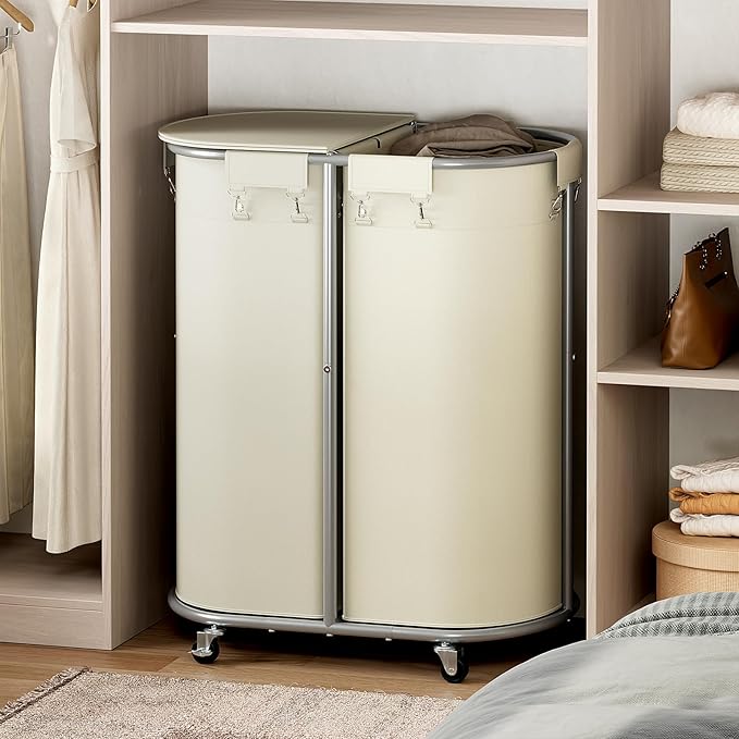 Chrislley 200L Double Laundry Hamper with Wheels and Lid, Large Oval Rolling Laundry Basket 2 section, Laundry Cart with Removable Bags and Iron Frame, Dirty Clothes Hamper for Home, Dorm, Beige