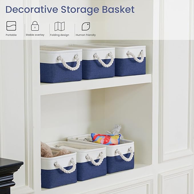 Storage Baskets for Shelves 11.8x7.9x5.2 Inch, Foldable Fabric Storage Bins with Handles, Small Storage Baskets for Organizing Closet, Office, Home Organization (3-Pack, White&Blue)