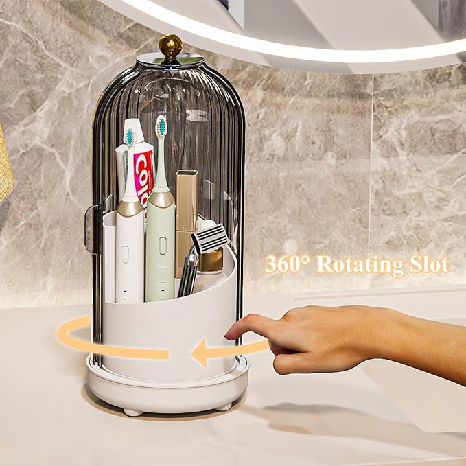 Zufudo Toothbrush Holders with Cover, Drainage Rotating Electric Toothbrush Organizer, 3 Slots Tooth Brush Holder for Bathroom Counter, Grey White