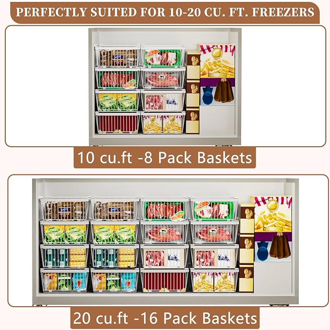 Large Freezer Organizer Bins，Upgraded Bottom Leak-Proof net，3 Pack， Expandable Stackable Chest Freezer Containers with Handle，for Fridge, Deep Freezer, Cabinet, Kitchen, Pantry (White-3Pack)