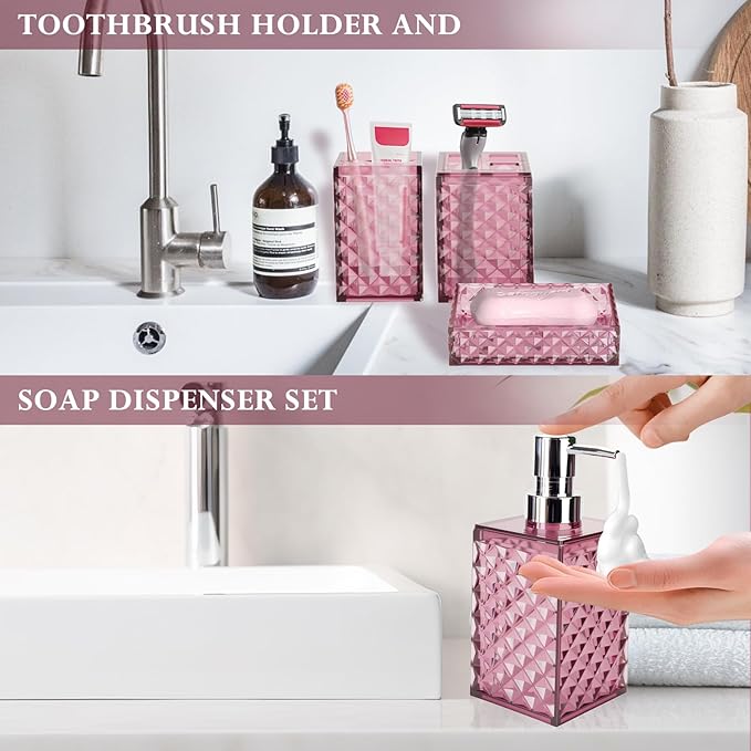 Bathroom Accessory Set, Grid Pattern 4 Pcs Plastic Bathroom Set Include Soap Dispenser, Soap Dish, Toothbrush Holder, Mousewash Cup, Modern Bahtroom Décor Set(Burgundy)