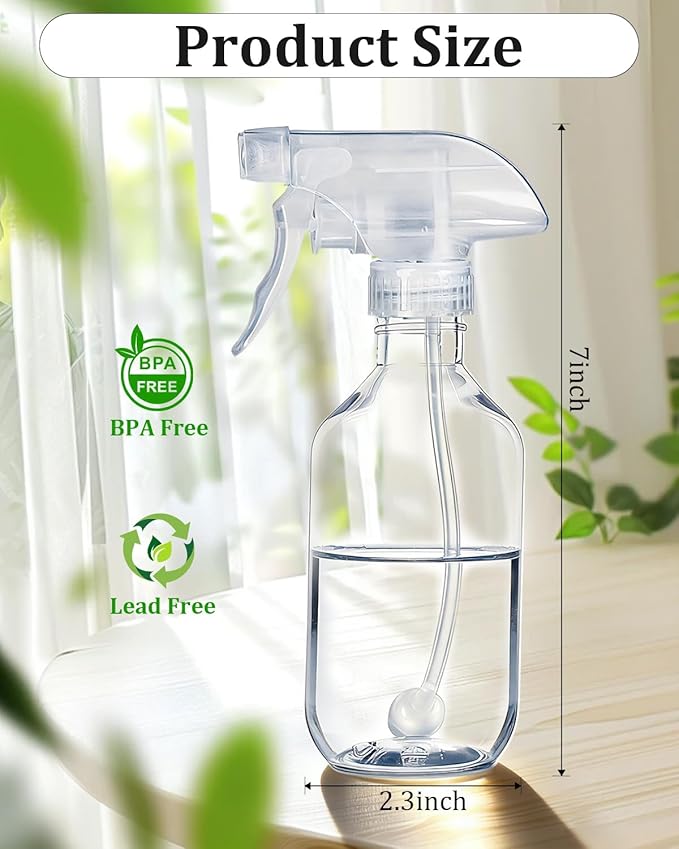 2 Pack 360° Spray Bottles, 10 oz Plastic Small Containers with Adjustable Spray Nozzles, Spray Bottles for Hair, Cleaning Solutions, BBQ and Plants Amber&Clear