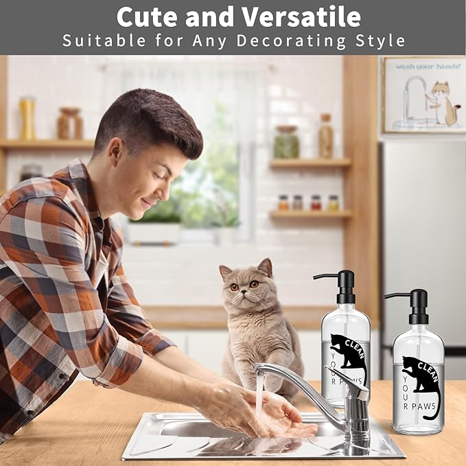 Black Cat Soap Dispenser 17 oz Clear Glass Hand Soap Bottle with 304 Stainless Steel Pump for Bathroom or Kitchen Countertop Cat Lover Gift Idea