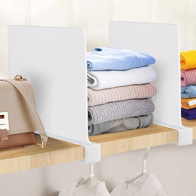 JOY DECOR 6 Pack Acrylic White Shelf Dividers for Closets Organizer and Storage Adjustable Vertical Wood Shelf Closet Separators for Clothes,Book,Bags in Bedroom and Kitchen
