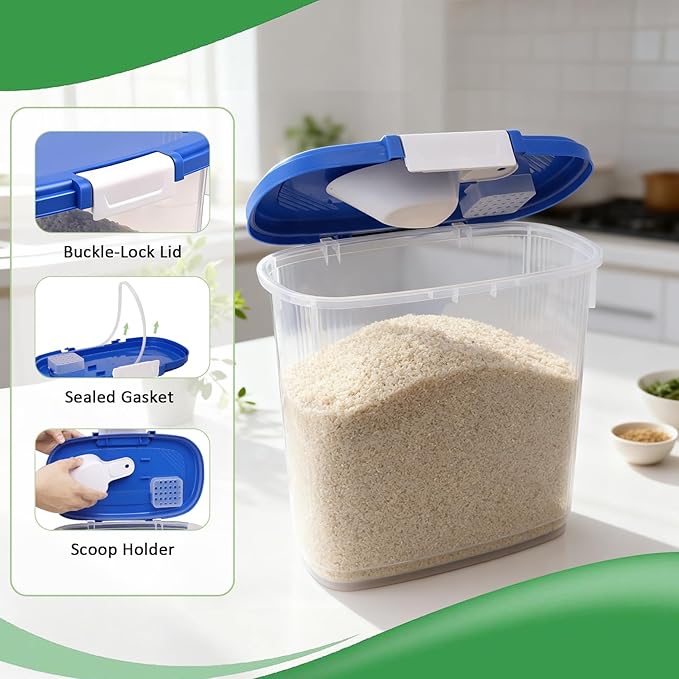 Large Rice Storage Container 20 Lbs - Tall Flour Container with Scoop + Cup - Slim Dry Food Storage Bin for Cereal, Sugar, Beans, Pet Dog Cat Food Container - Kitchen and Pantry Storage Organization
