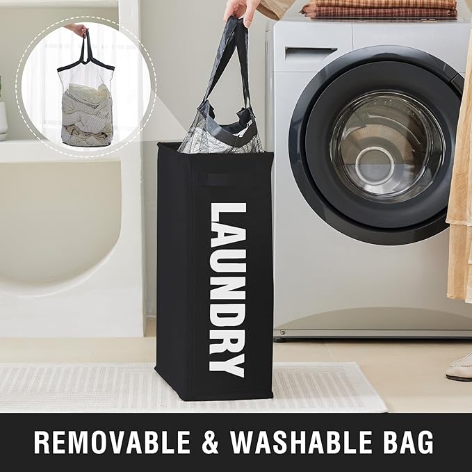 Slim Laundry Hamper with Removable Inner Bag and Side Handles, 45L Small Laundry Baskets to Store Clothes, Narrow Dirty Clothes Hamper for Laundry Room, Bathroom, Bedroom, and Living Room - Black
