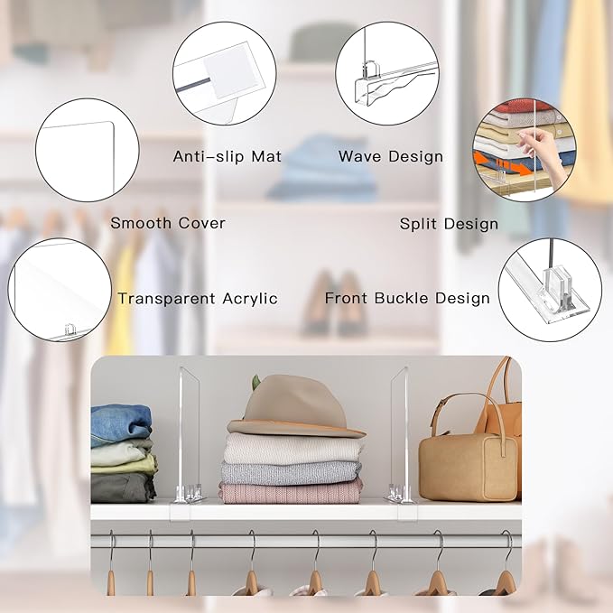 Fixwal 6 PCS Detachable Acrylic Shelf Dividers for Closet Organization Clear Shelf Divider for Closet Organizers and Vertical Purse Organizer for Closet, Bedroom, Kitchen, Office, Cabinets, Bathroom