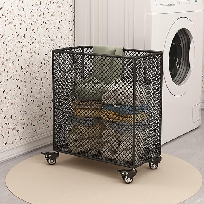 Black Metal Laundry Basket with Wheels, Rolling Laundry Hamper Cart Metal Mesh Laundry Clothes Sorter Storage Cart Organizer Basket Durable for Home