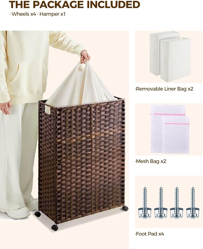 Greenstell Laundry Hamper with Wheels & Handles, 26.4 Gallon (100L) Slim Laundry Basket with 2 Removable Liner Bags & 2 Mesh Bags, Foldable Narrow Clothes Hamper for Bedroom, Bathroom, Closet, Brown