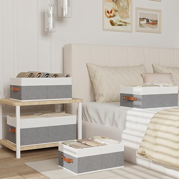 Fabric Clothing Storage Boxes, Storage Baskets with Handles, Cube Organizer Bins for Bedroom Laundry,13 × 9.1 × 5.5 Inch, White and Grey, 2-Pack