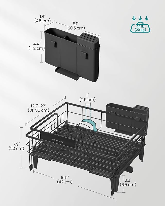 SONGMICS Dish Drying Rack, Kitchen Dish Rack with Drainboard, 360° Rotatable and Extendable Spout, with Cutlery Holder, (12.2-22) x 16.5 x 7.9 Inches, Ink Black UKCS552B01