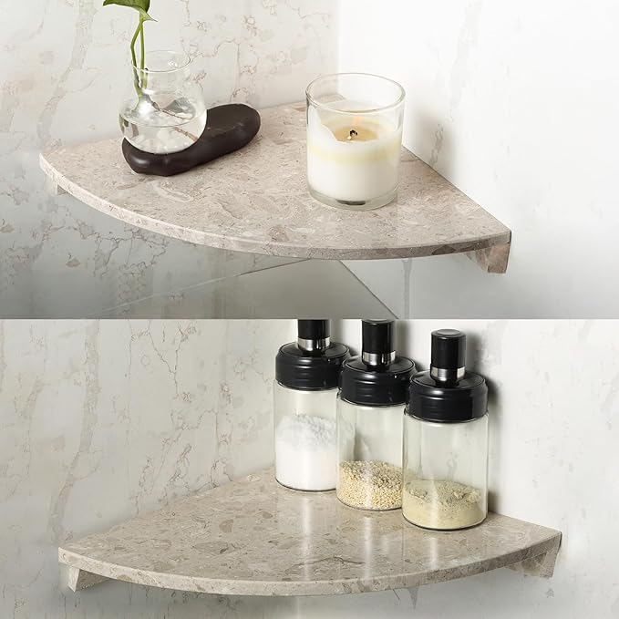 Koville Italian Marble Corner Shower Shelf for Bathroom, 10'' Marble Corner Shelves for Bath, Wall Mounted Stone Corner Shower Caddy, No Drilling Adhesive Shower Shelf - Perlato Appia (2-Layer)
