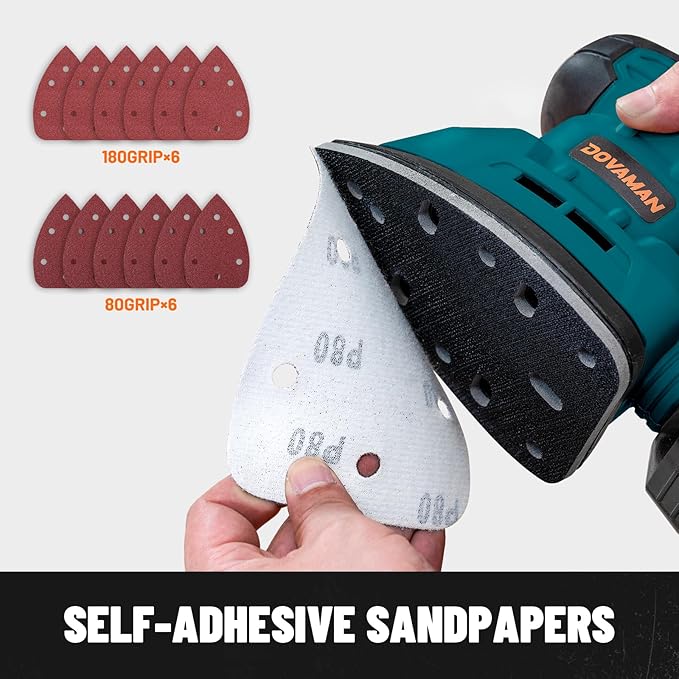DOVAMAN DLS03A Detail Sander, 130W Palm Sander Tool, Dust Collection System, 12PCS Sandpaper, 12000RPM Compact Hand Tool for Wood Steel Surfaces