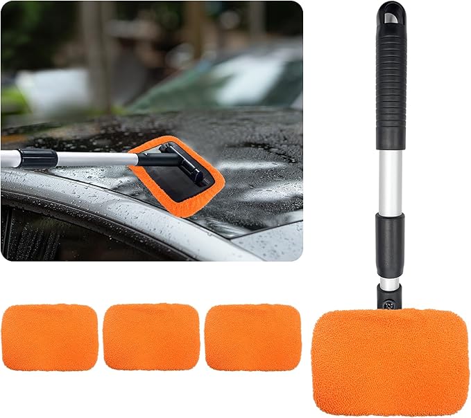 Ziciner Car Windshield Cleaner, Microfiber Auto Cleaning Wiper with Aluminum Extendable Handle and 2 Washable Reusable Cloth Pad Head, Vehicle Interior Exterior Cleaner Kit (Orange-Rectangle)