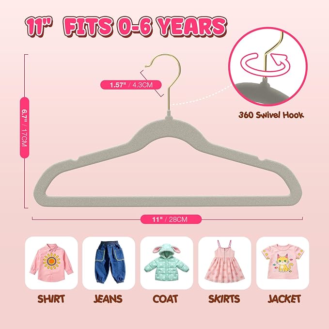 Korpai 50 Pack Baby Velvet Hangers 11 Inch, Non-Slip, Ultra Slim,Space-Saving Baby Hangers with 360° Swivel Hook, 7LBS Capacity, Toddler & Baby Romper/Dresses/Shirts/Coats/, Grey