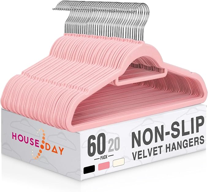 HOUSE DAY Velvet Hangers 60 Pack, Non-Slip Hangers with Tie Bar, Premium Standard Clothes Hanger Slim Felt Hanger 360° Swivel Hook for Closet Organized Storage Elegance Pink 72g/Pc