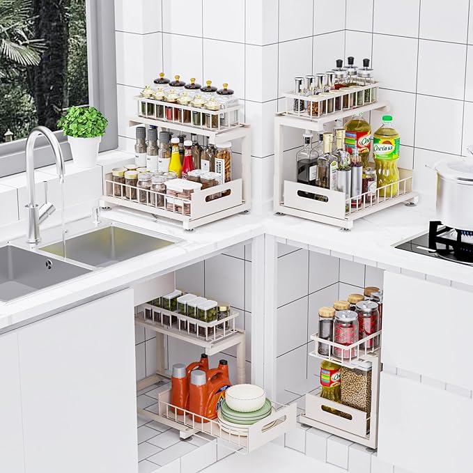 Under Sink Organizer, Heavy Duty Metal Pull Out Cabinet Organizer Slide Out Sink Shelf Organizer Height Adjustable, Multi-Purpose Storage Shelf for Kitchen Bathroom(Sand,1Pack)