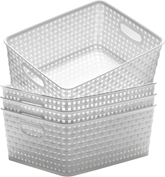 Plastic Storage Baskets for Organizing,11"X8.5"X4.7",Pack of 4 (White)