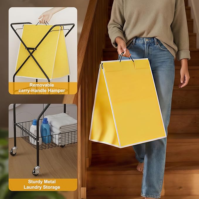 Convenient Laundry Basket with Wheels,36" High Easy Rolling Laundry Cart with Wheels,Heavy Duty Dirty Clothes Laundry Hamper with Handles Removable Bag for Seniors,Folding Metal Frame/Yellow/98L