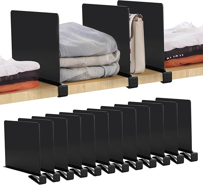 JOY DECOR 12 Pack Acrylic Matte Black Shelf Dividers for Closets Organizer and Storage Adjustable Vertical Wood Shelf Closet Separators for Clothes,Book,Bags in Bedroom and Kitchen