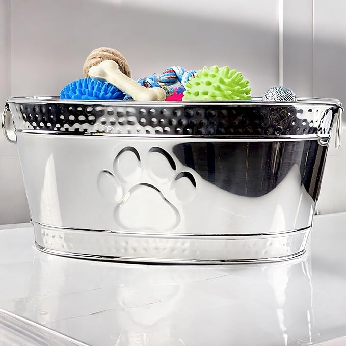 BREKX Metal Indestructible Dog Toy Bin - Steel Dog Toy Basket with Handles, Pet Storage Box, Oval for Blankets, Leashes, & Ropes for Aggressive Chewers - Pawprint Design Home Decor (Silver)