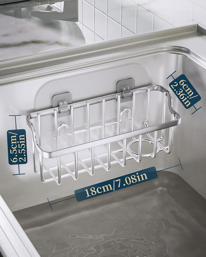 Consumest Sponge Holder Sink Caddy - Ladder Shaped Sponge Holder for Kitchen Sink with 2 Installation Ways (Suction Cups & Adhesive Hook), Rustproof Stainless Steel Kitchen Organizer, Silver