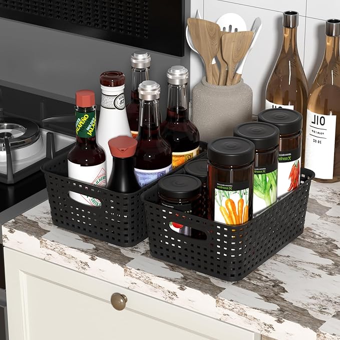 6 Packs Plastic Woven Baskets, Small Plastic Storage Basket, Black