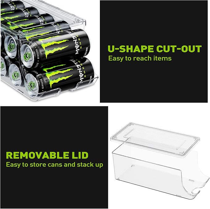 4 Pack Tall Skinny Can Organizer for Refrigerator, Stackable Large Soda Cans of 16oz & 17oz Beverage Energy Drink Container Holder Dispenser with Lid for Fridge, Clear Storage Plastic Bins