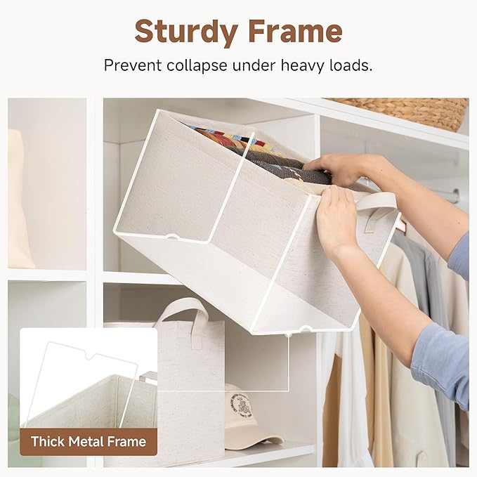 StorageWorks Storage Bins, Shelves Baskets for Organizing, Large Fabric Closet Organizers with Handles, Metal Frame, Beige-Cotton-linen, 2-Pack