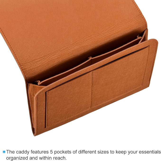PATIKIL 13in Bedside Caddy, Bed Caddy Bedside Organizer Hanging 5 Pocket Soft Felt Bed Pockets Bedside Storage Organizer Remote Control Holder for Bedroom Phones Glasses, Brown