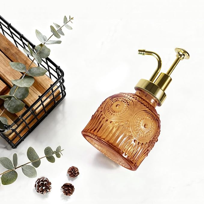 Amolliar 8 Oz Vintage Glass Bathroom Soap Dispensers with Pump, 2 Pack Refillable Kitchen Dish Soap Dispenser with Stripe, Antique Rustic Hand Soap Liquid Bottle (Brown-Golden Pump)