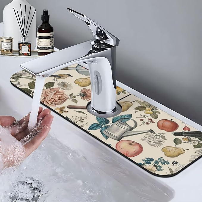 Faucet Draining Mat For Kitchen Sink, Roses Daisies Fruits Garden Diatom Mud Absorbent Drain Pad For Bathroom Kitchen Sink Splash Guard Drying Mat