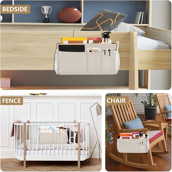 KOPIRIT Beige Bedside Caddy Storage Bag Bedside Organizer for Bed Rails College Dorm Room Organizer Caddy Hanging Shelf 6 Pockets with Hooks for Book Glasses Phone Holder