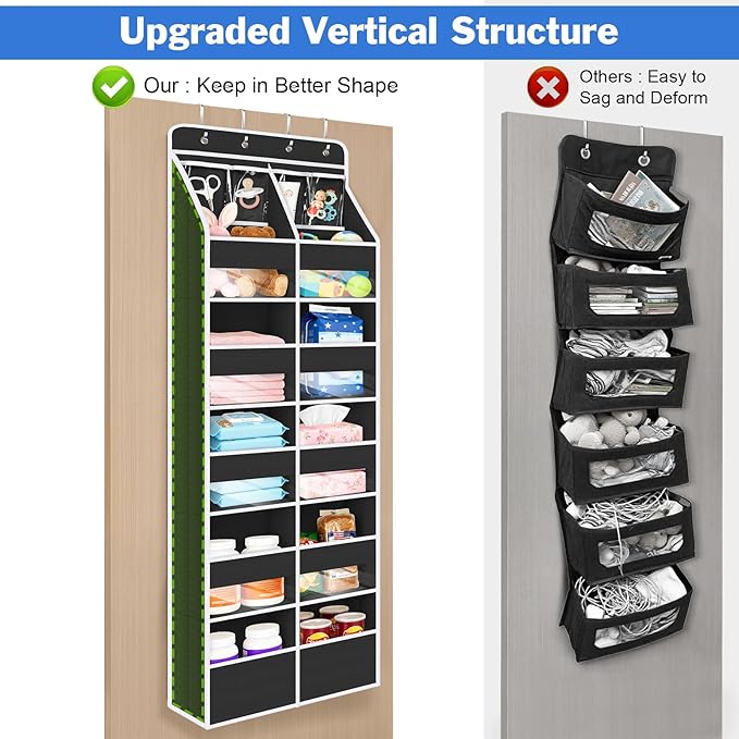 Univivi 6-Shelf Over Door Hanging Organizer Fabric Door Storage for Baby Nursery Nursery Closet Cabinet Wall Mount Hanging Storage Organizers with 10 Deep Pockets and 4 Small PVC Pockets(Black)